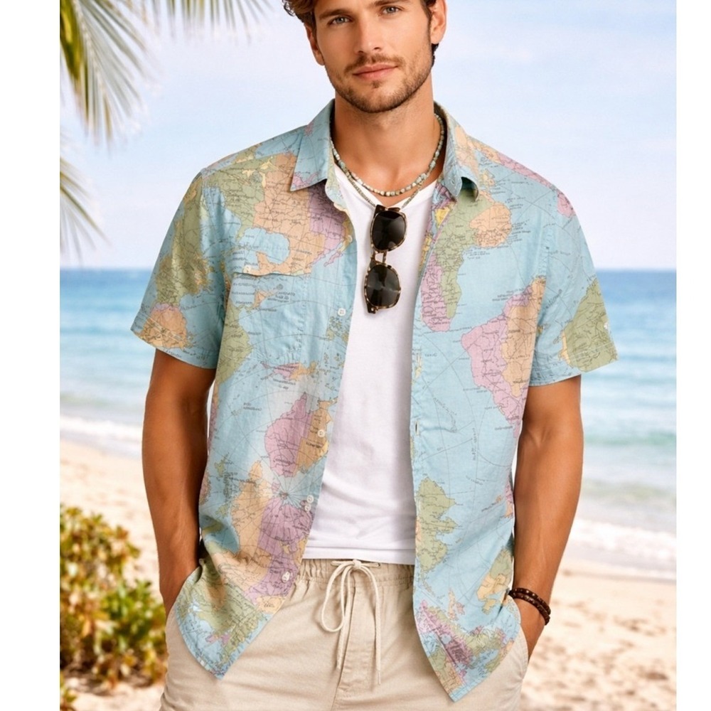 World Map Shirt Button Up 100% Cotton Men's M Travel Novelty Globe Graphic Print